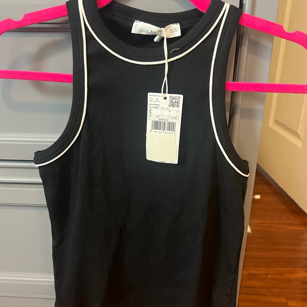 Mango Black Ribbed Top with White Accents